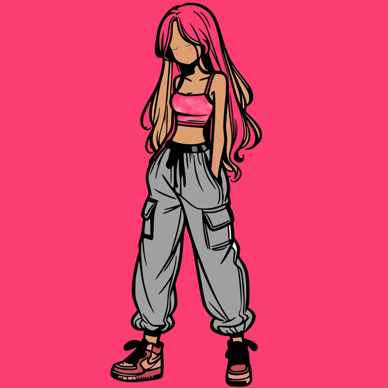 girl in baggy pants crop top and long hair