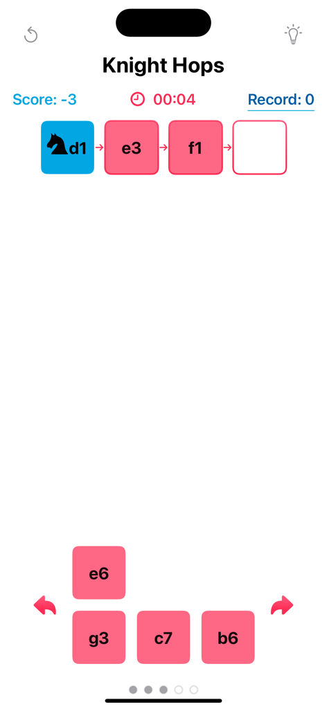 Chess Notation Lab Pro - A screen from the Chess Notation Lab Pro app showing a Knight Hops visualization exercise where the user predicts the next square in a sequence of moves.