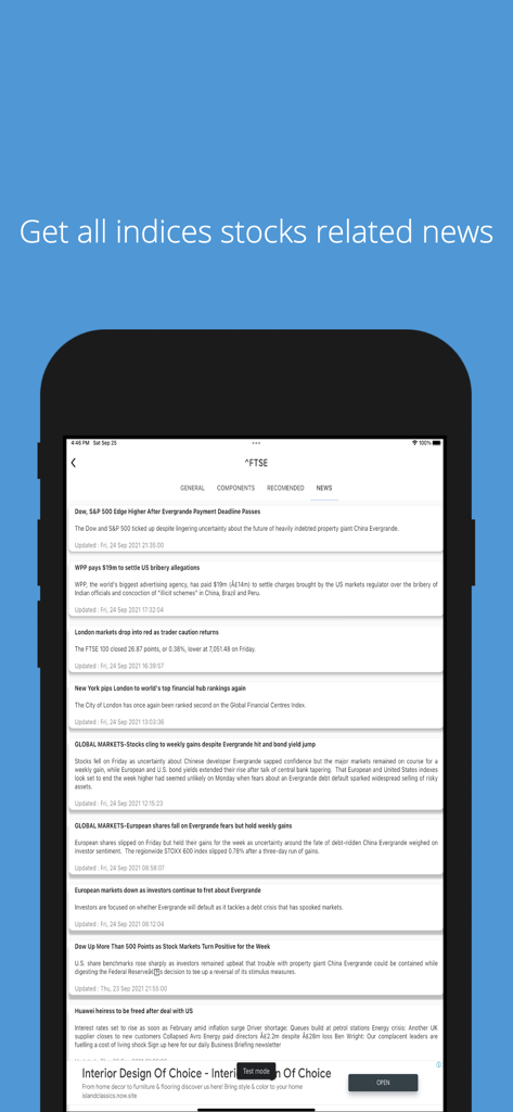 Une liste de titres et d'articles d'actualités boursières mondiales pour divers indices financiers dans l'interface de l'application