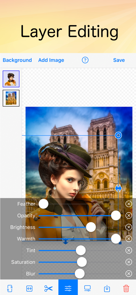 PhotoLayers Pro - PhotoLayers Pro mobile app interface showing a multi-layer photo composition with color and opacity adjustment sliders