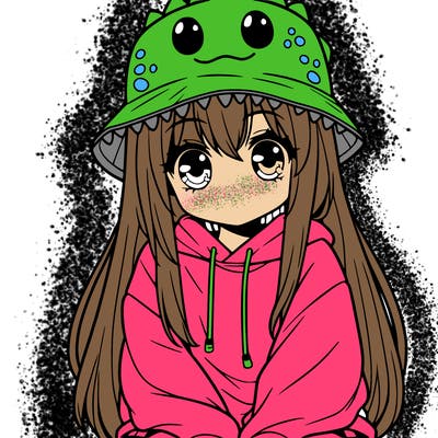 girl with anime shaped eyes with a dinosaur bucket hat oversized sweatshirt long straight hair