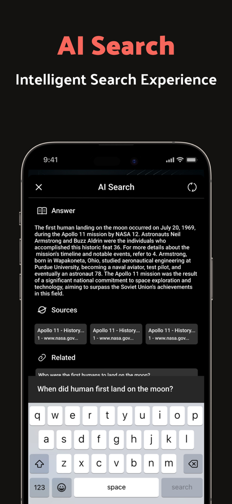 Super VPN Proxy - SuperVPN - A mobile interface of the AI Search feature within the Super VPN app showing a search result about the moon landing and an active keyboard.