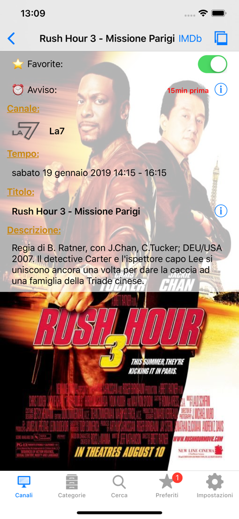 Italian TV Schedule - Mobile screen showing Italian TV program details for Rush Hour 3 on La7 channel.