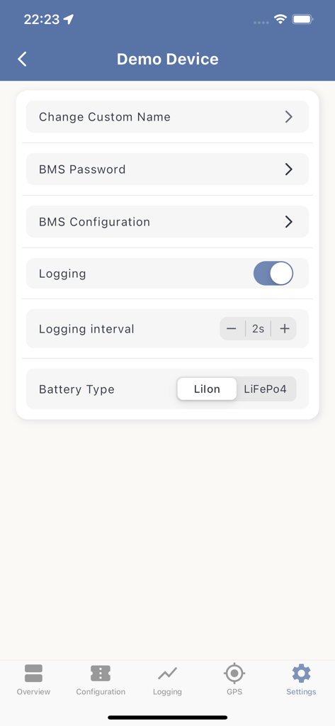SmartBMS Utility app settings screen showing configuration options for battery type, logging intervals, and BMS password.