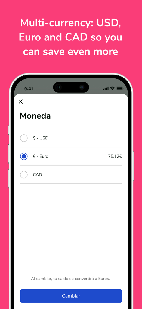 Cuballama app interface showing multi-currency options for USD Euro and CAD