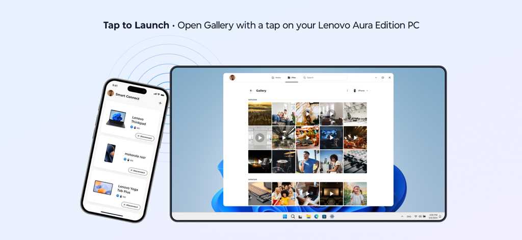 Interface showing Lenovo Smart Connect Tap to Launch feature opening iPhone gallery on a PC.