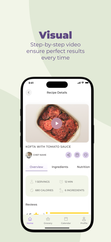 Akly - Aklyアプリのモバイルインターフェース。トマトソース添えコフタのステップバイステップビデオレシピが表示されています。