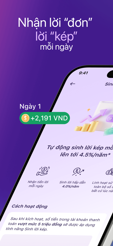 TPBank Mobile - Screenshot of TPBank Mobile app showing daily compound interest earnings and interest rates.