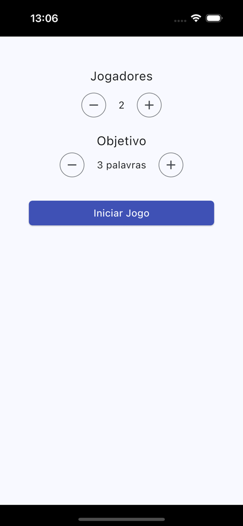 Jogo da Forca para Dois - Ecrã de configuração do Jogo da Forca para Dois, mostrando a contagem de jogadores e a seleção do objetivo de palavras.