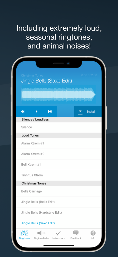 Ringtones for iPhone: Ring App - Interface de l'application Sonneries pour iPhone présentant diverses catégories, y compris des tonalités fortes et des sonneries saisonnières de Noël