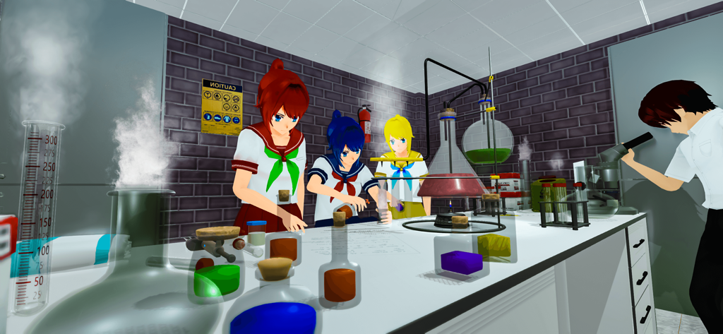 Anime High School Girl Game - Anime high school students conducting a chemistry lab experiment