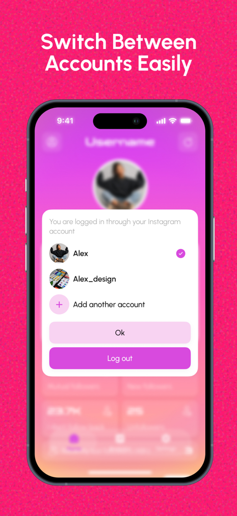 Interface de aplicativo móvel mostrando a capacidade de alternar e gerenciar várias contas do Instagram para rastreamento de seguidores
