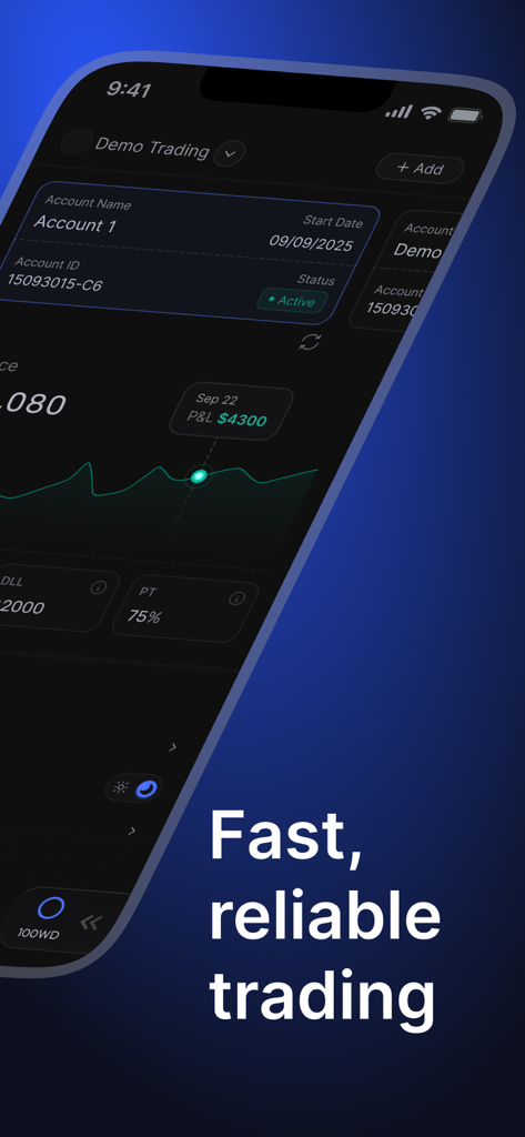 tradesea - Interface de l'application mobile tradeSea affichant un compte de trading démo avec un graphique de performance et des métriques de risque.