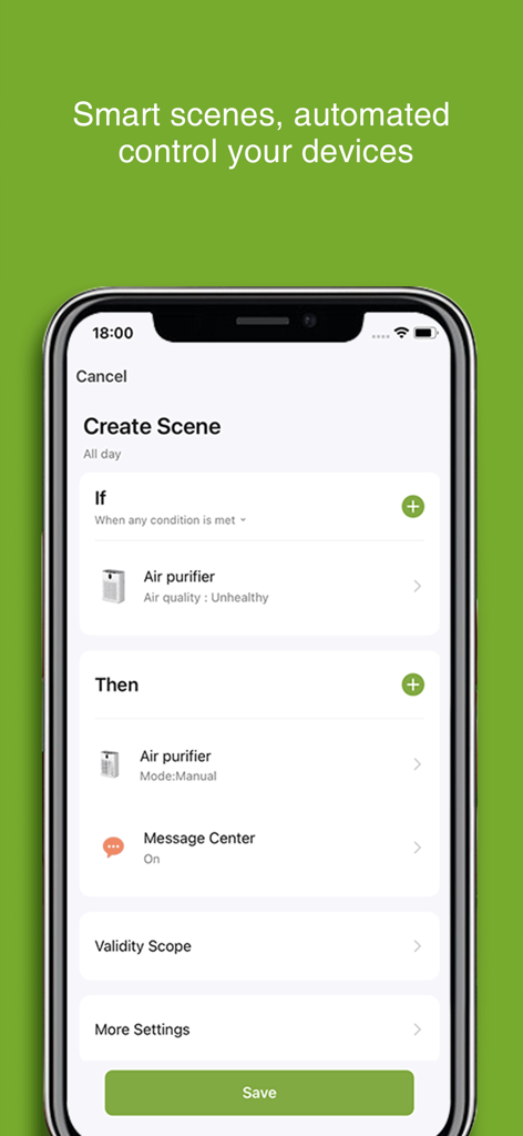 Interfaz de la aplicación Havaworks que muestra la creación de una escena inteligente con lógica de automatización si-entonces para dispositivos domésticos inteligentes