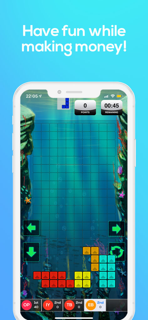 Duelit - Real Money eSports - Smartphone showing Seal Blocks puzzle game on the Duelit app with promotional text about making money while playing