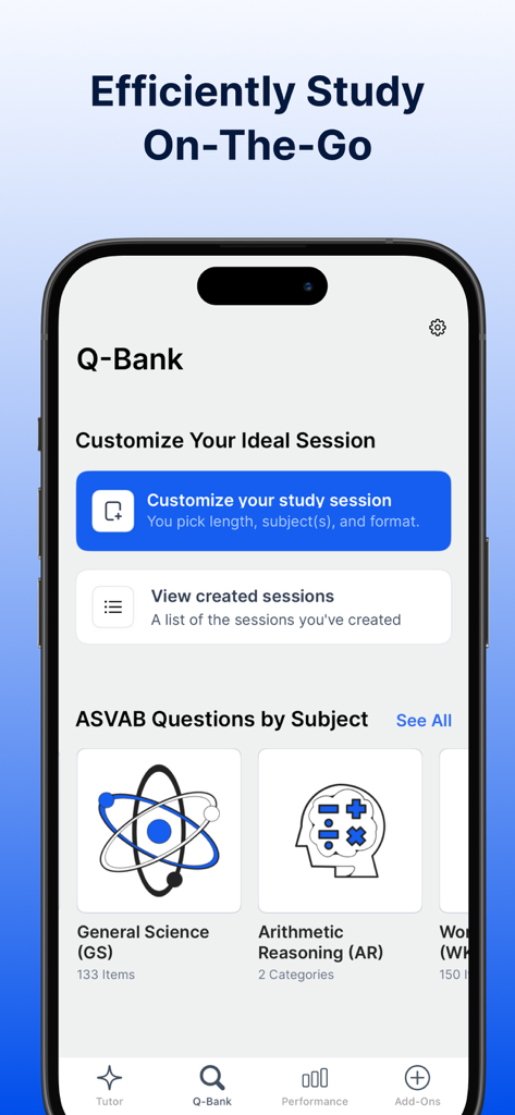 ASVAB Mastery app Q-Bank screen showing options to customize study sessions and practice questions by subject