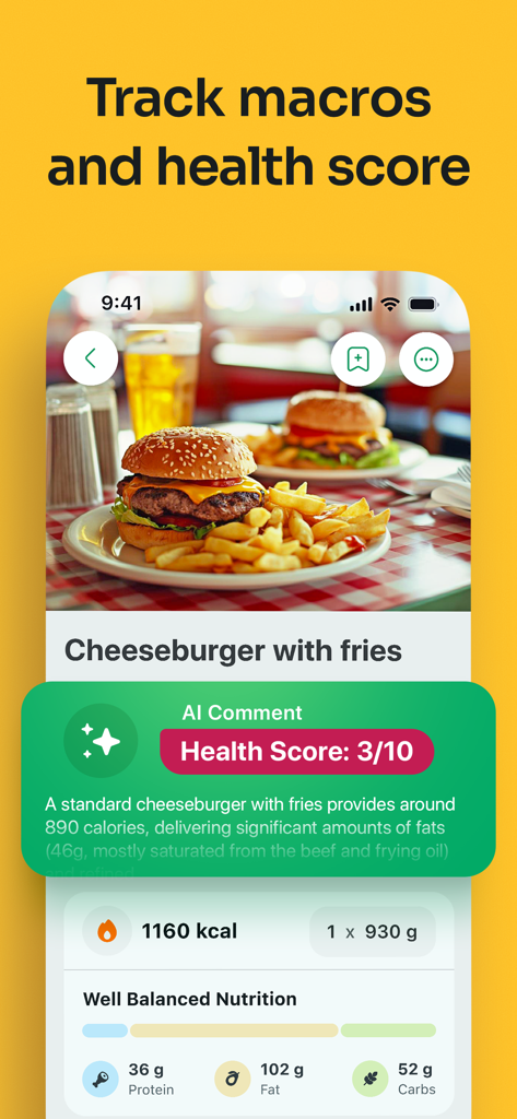 AI Calorie Tracker ・ Counter - Pantalla de la aplicación Nutri Joy que muestra el desglose de macronutrientes y la puntuación de salud para una hamburguesa con queso y patatas fritas