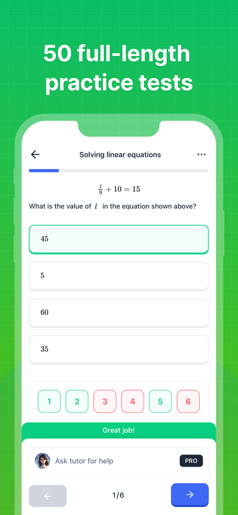 SAT® Test Prep 2026 - SAT Test Prep 2026 app interface showing a math practice question on solving linear equations