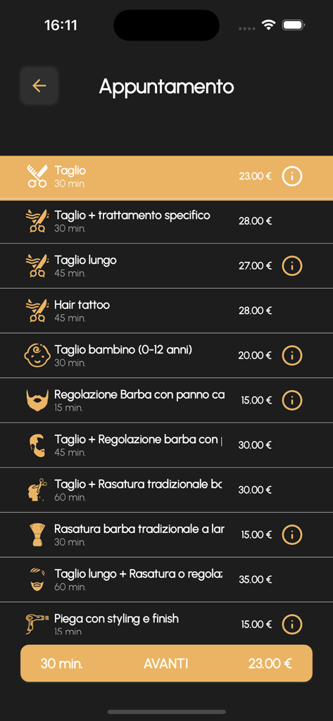Auswahlbildschirm für Dienstleistungen der Andrew Barbershop App mit Optionen für Haarschnitte und Bartpflege mit Preisen.