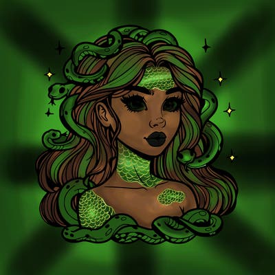 realistic girl with snakes as hair