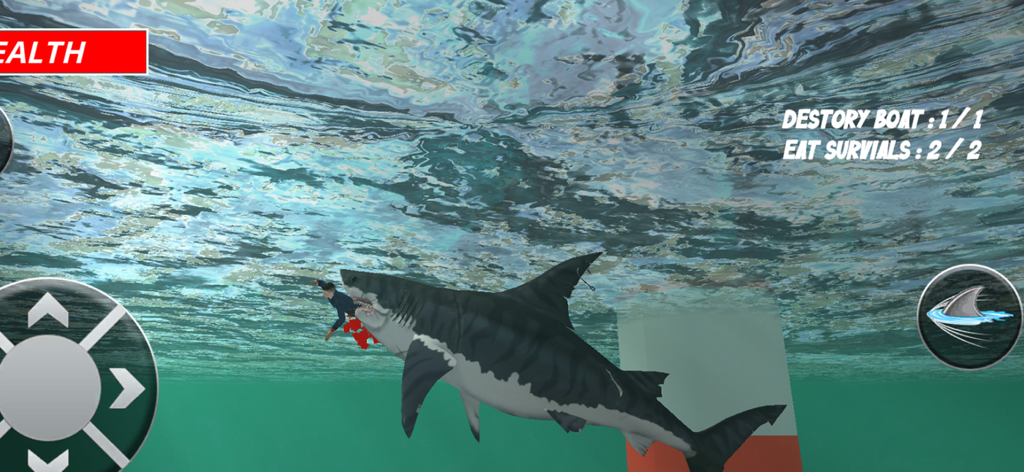 A great white shark attacking a swimmer in a 3D underwater simulation game