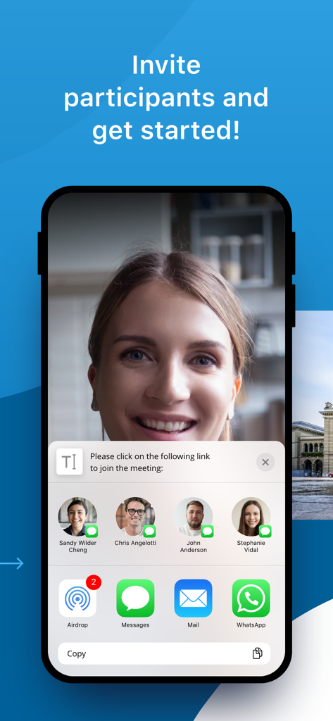 Hostpoint Meet - Hostpoint Meet App-Bildschirm mit Optionen zum Einladen von Teilnehmern zu einem Videoanruf über Nachrichten oder durch Kopieren eines Meeting-Links.