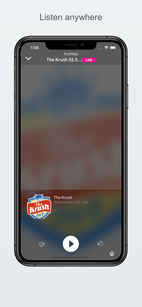 The Krush 95.9 - Smartphone screen showing the live radio player for The Krush 95.9