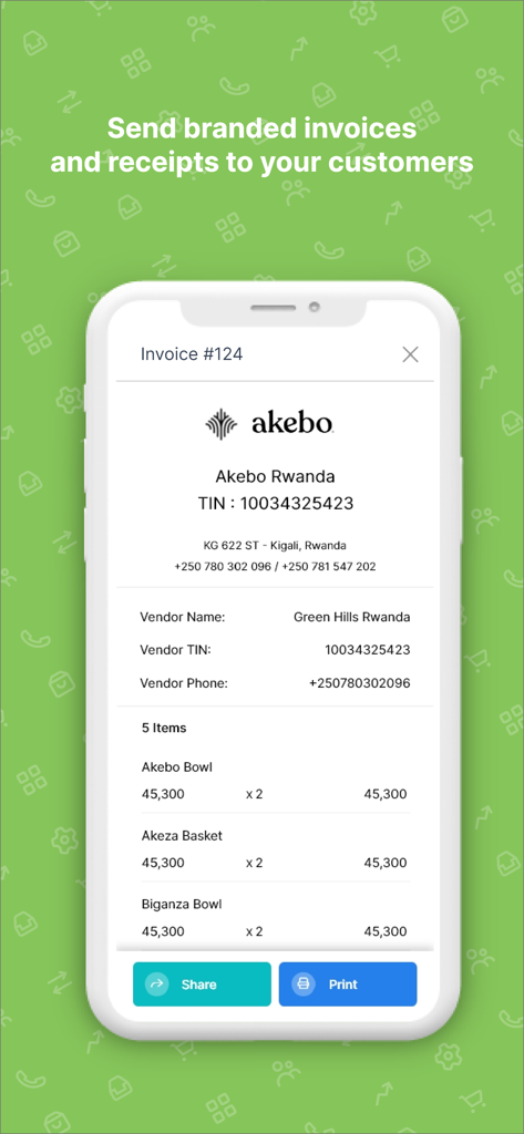 A mobile phone displaying a professional branded invoice within the Kayko app with options to share and print.