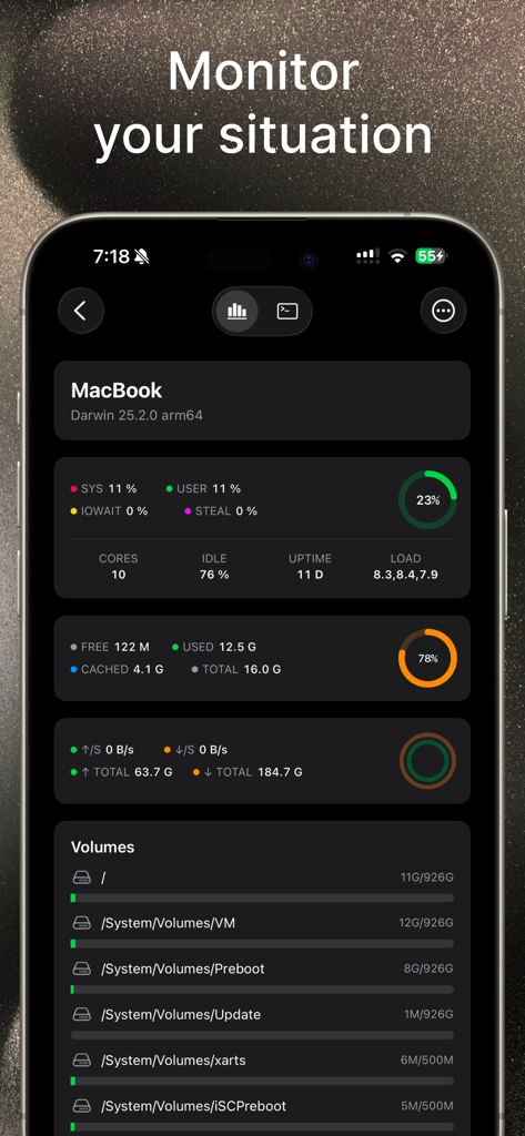 VVTerm - Tableau de bord de l'application mobile VVTerm affichant les métriques système du serveur en temps réel, y compris l'utilisation du CPU, de la mémoire et du disque.
