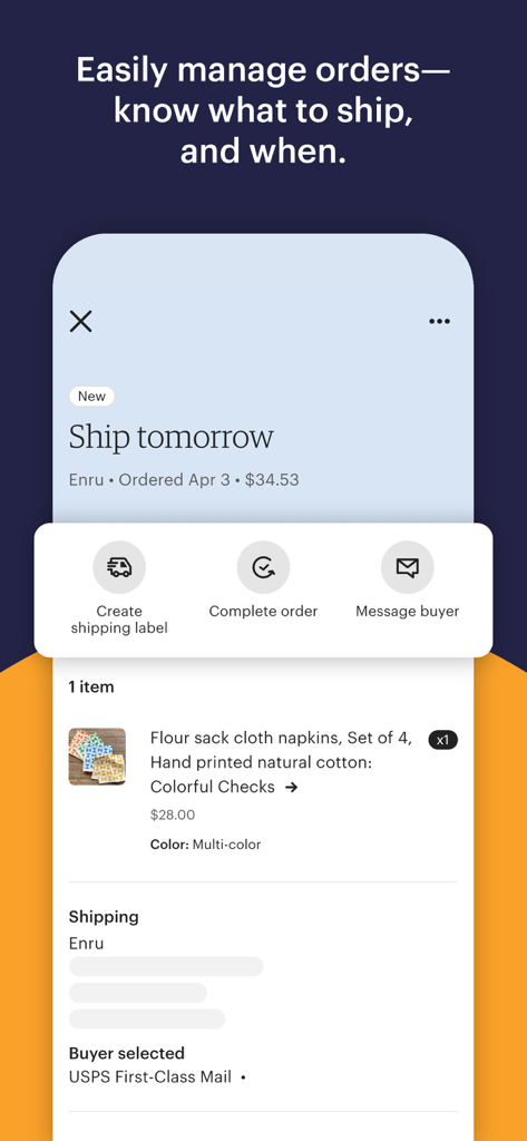 Etsy Seller: Manage Your Shop - Etsy Verkäufer App-Oberfläche, die die Bestellverwaltung mit Optionen zur Erstellung von Versandetiketten und zur Nachrichtenausgabe für Käufer zeigt
