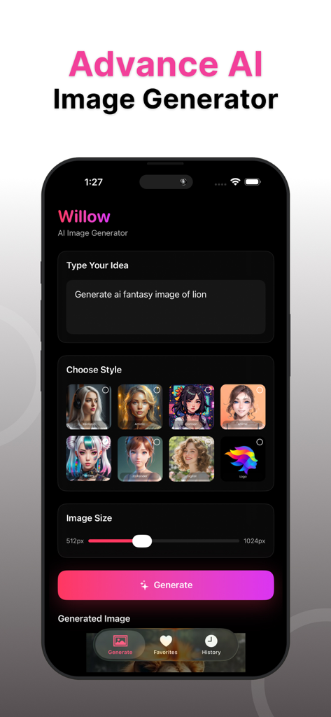 Blue Willow AI – Text to Image - Interface mobile de Blue Willow AI montrant la saisie de prompt et la sélection de style artistique pour la génération d'images
