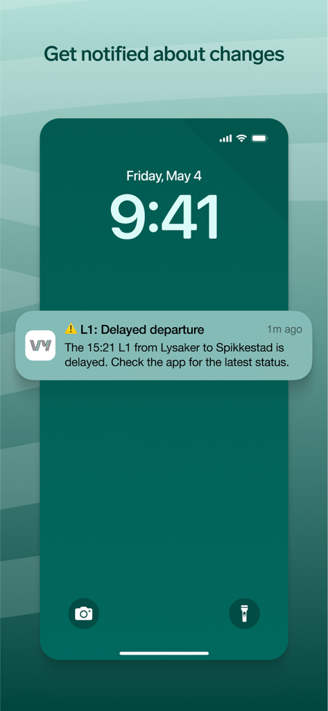 Vy - Pantalla de bloqueo del iPhone mostrando una notificación push de la aplicación Vy para la salida de un tren retrasado en Noruega