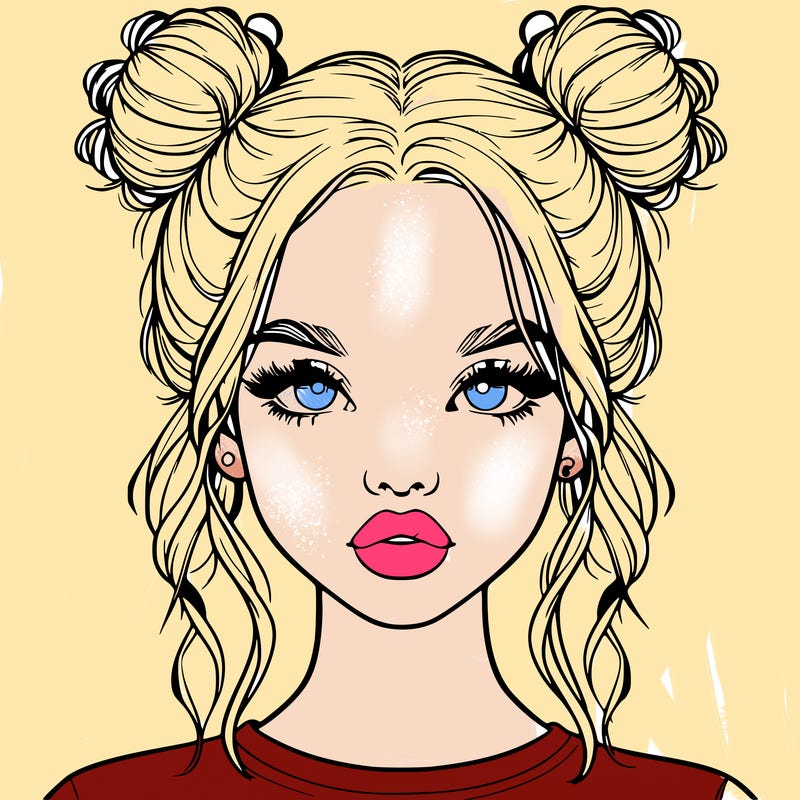 realistic girl with two buns in hair and lips