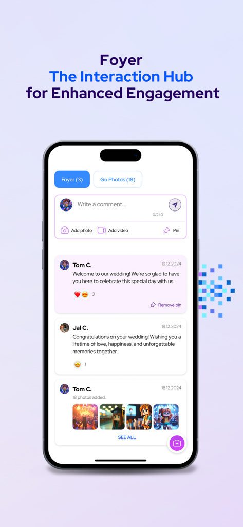 Photier - The Foyer interaction hub in the Photier app displaying a social feed with comments and shared photos from a wedding event.