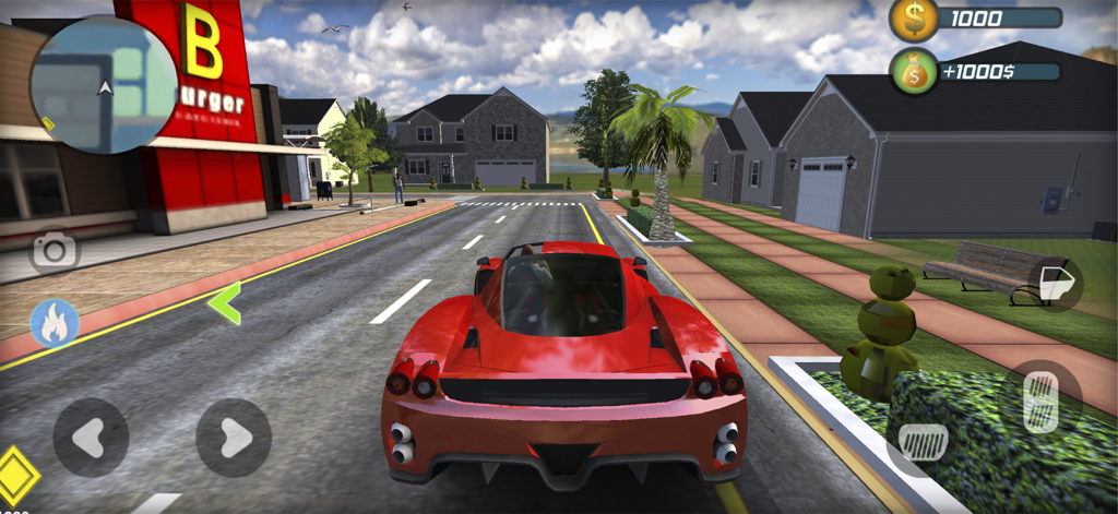 A red sports car driving down a residential street past a burger restaurant in the city simulator game Go To Street 2.