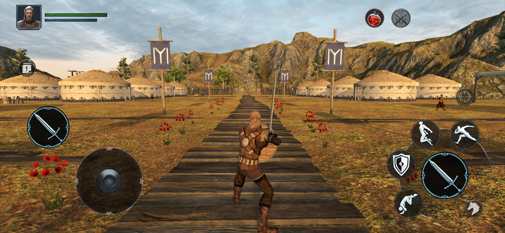 Ertugrul Gazi 3: RPG Battle - Vista de juego en tercera persona de Ertugrul Gazi en un campamento de la tribu Kayi con yurtas y banderas