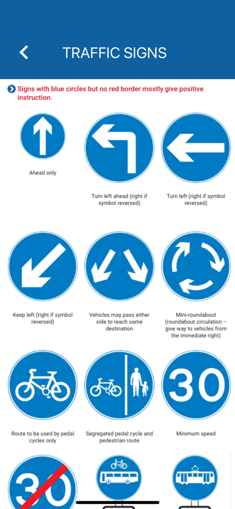 Turks & Caicos Driving Theory - Educational screen showing blue mandatory road signs for the Turks and Caicos driving theory test.