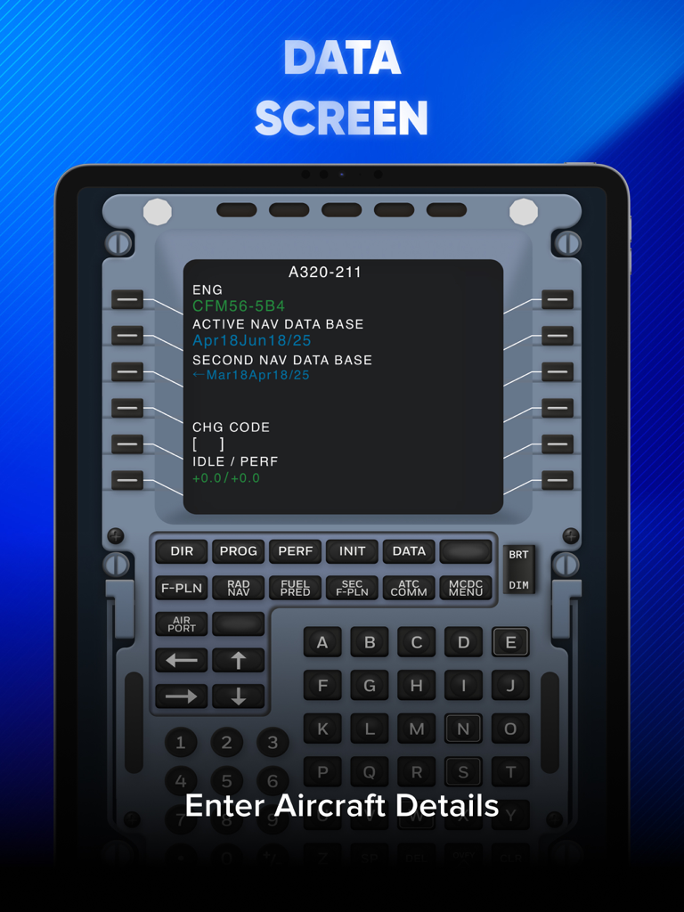 Interfaz del Airbus A320 FMS en iPad que muestra la pantalla de datos con detalles del motor del avión y la base de datos de navegación.