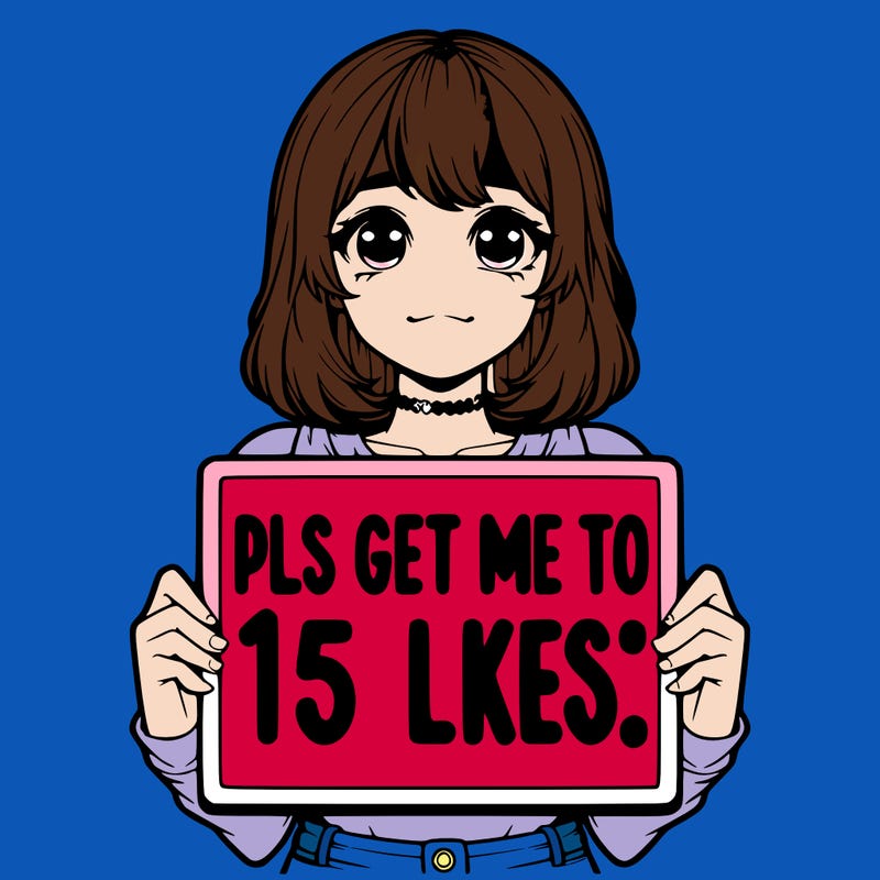 realistic girl holding up a sign that says “pls get me to 15 likes!”