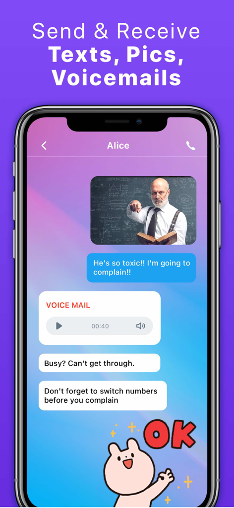 Text App: Wifi Calling+Texting - Interfaz de la aplicación móvil mostrando mensajería de texto, intercambio de fotos y capacidades de correo de voz para un número de teléfono secundario.