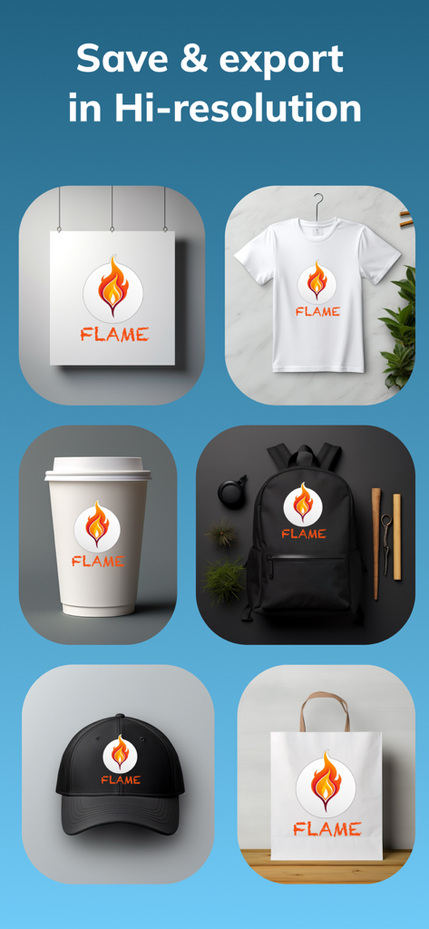 AI Logo Generator - Logo Maker - Logo de llama generado por IA mostrado en varias maquetas de productos, incluyendo una camiseta, una taza de café y una mochila