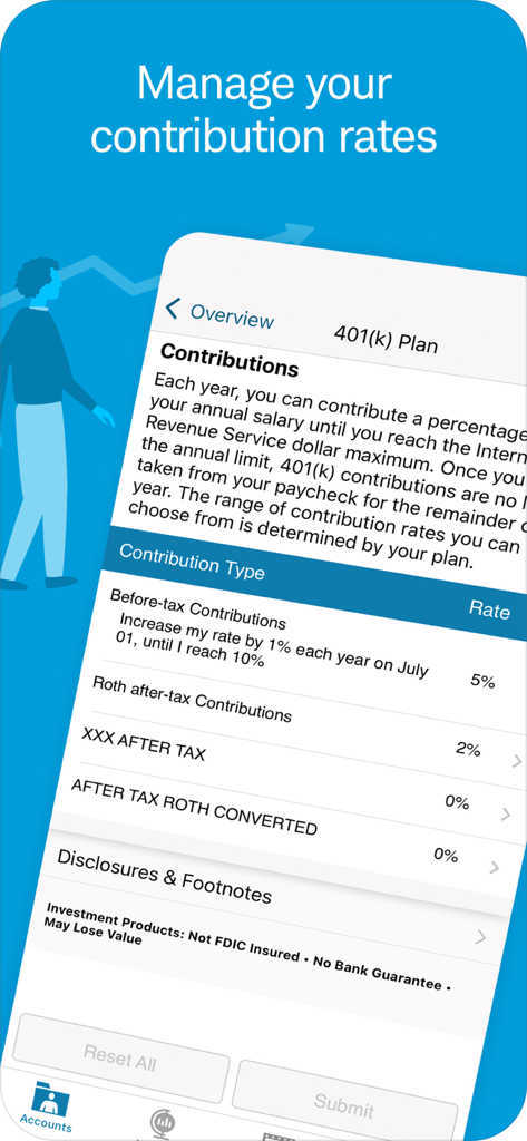 Schwab Workplace Retirement - Schwab Workplace Retirement app screen for managing 401k contribution rates