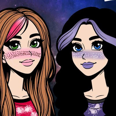 realistic two freinds girls both with blonde hair and brown eyes both hve noses one with straight hair and on with wavy hair realistic