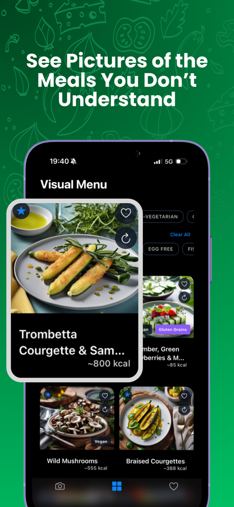 DishPic: Menu Scanner & Macros - DishPic app interface displaying AI generated meal photos with calorie estimates and diet filters