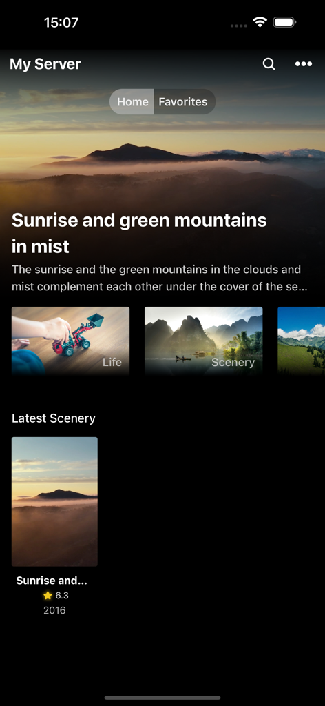 Die Startbildschirm-Oberfläche der Temby Emby Client App, die eine persönliche Medienbibliothek mit Kategorien und vorgestellten Videoinhalten anzeigt