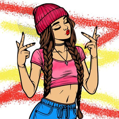 realistic teenage girl with braids and a beanie and crop top doing 🫶🏼