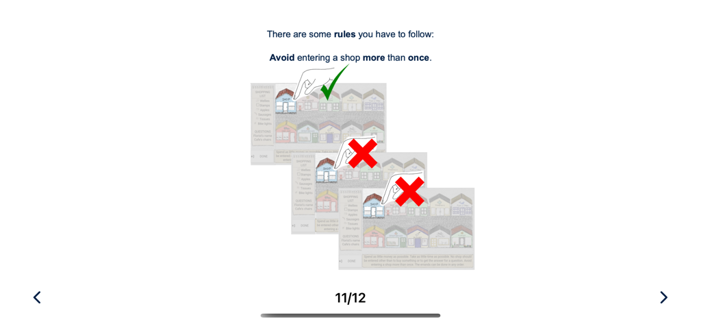 OxMET - Instructional screen for the OxMET app explaining rules for the virtual shopping task to assess cognitive function.