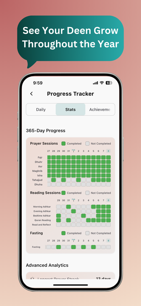 Tasleem app interface showing a 365-day progress tracker for prayers and Quran reading with a habit-building grid