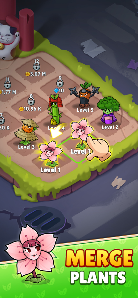 Flower zombie: City Defense - Pantalla de juego que muestra la mecánica de fusión de plantas en Flower Zombie City Defense