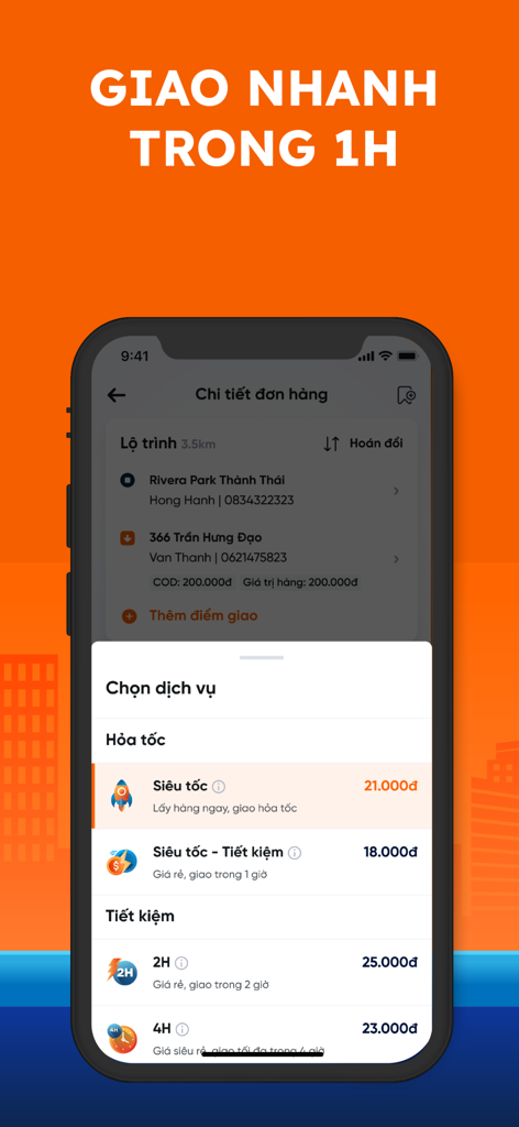 Ahamove App-Oberfläche, die verschiedene schnelle Lieferoptionen und transparente Preise anzeigt